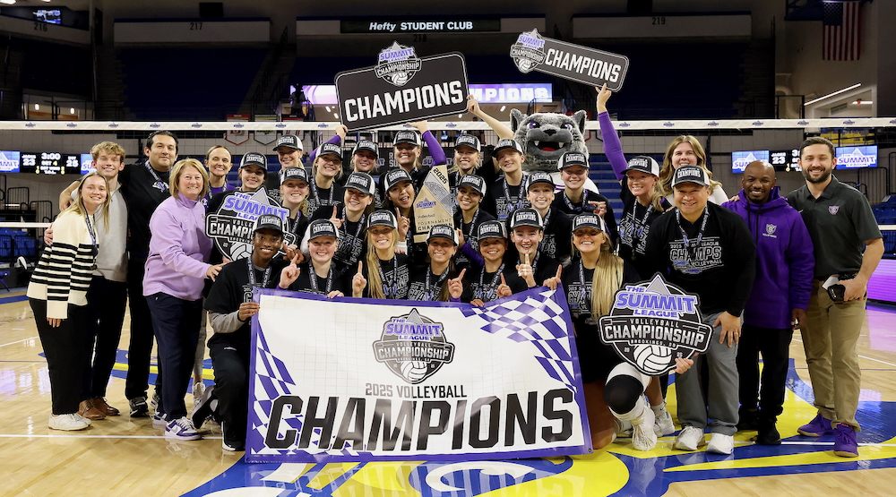 St. Thomas Women’s Volleyball team celebrate their win of the Summit League Championship.