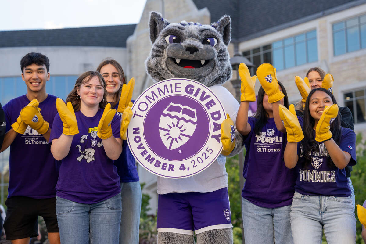 St. Thomas student employees from the Engagement Center participate in a photoshoot for Tommie Give Day on Sept. 24, 2025.