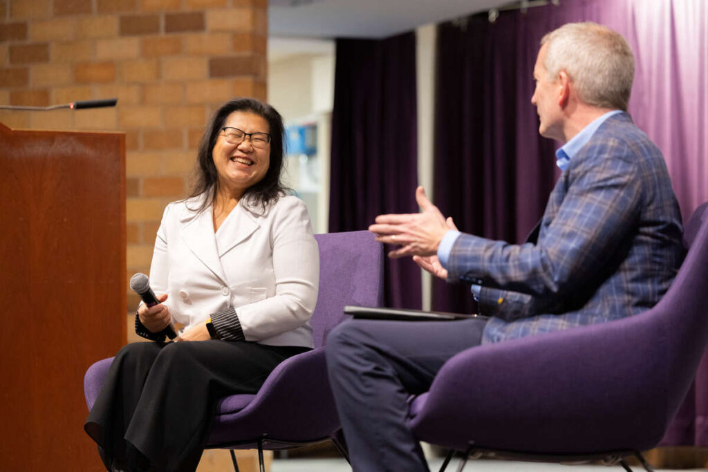 Fireside chat with President Vischer and Mayor-Elect Kaohly Her in OEC on December 08, 2025 in St. Paul.