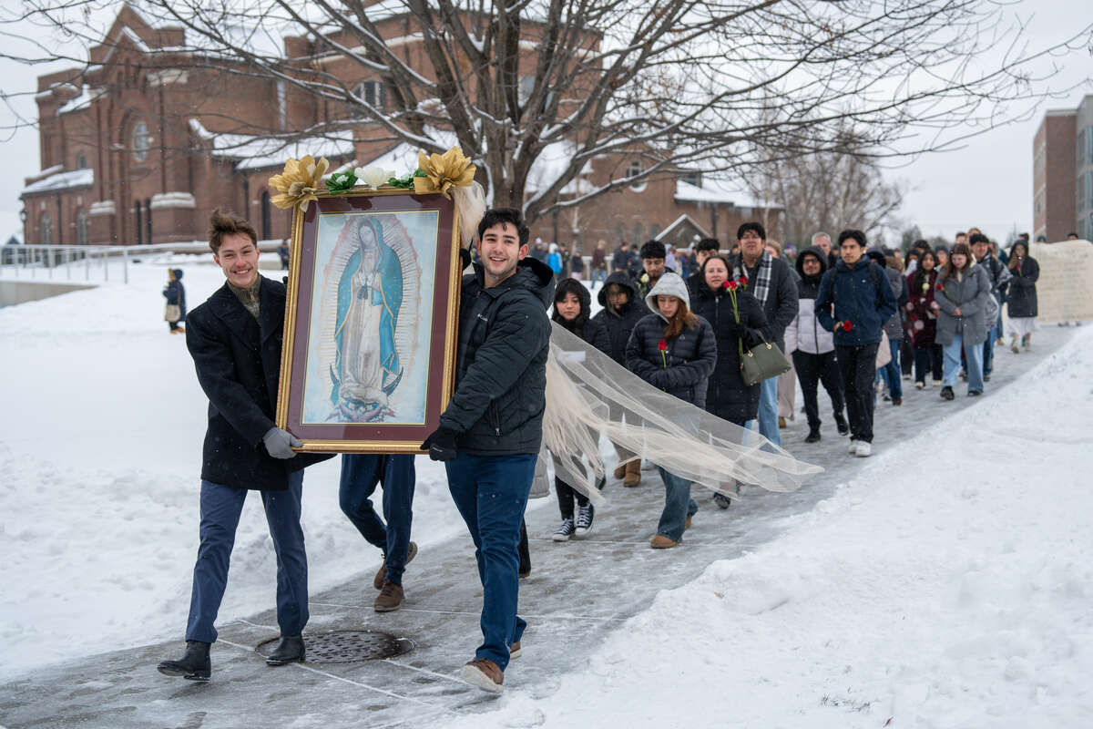 Our Lady of Guadalupe Mass and procession in the Chapel of St. Thomas Aquinas. After the mass, the attendees carried a portrait of Our Lady of Guadalupe to Scooter’s in the Anderson Student Center where they were joined by a mariachi band for a celebration on Dec. 13, 2025, in St. Paul.