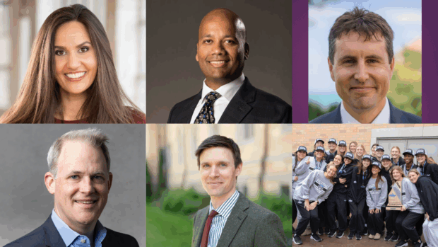 Top row, from left to right: Audra Nuru, Manjeet Rege, and Mike Rota. Bottom row, from left to right: Aaron Sackett, Tyler Schipper, and 2025 St. Thomas Women's Volleyball Team.