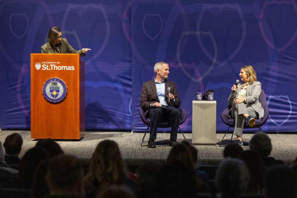 University of St. Thomas Trustee Anne Sempowski Ward introduces President Rob Vischer and Minnesota Lynx Head Basketball Coach Cheryl Reeve
