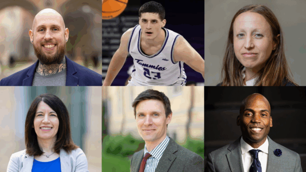 Top row left to right Sky LaRell Anderson, Nick Janoswski '29, Lana Medina. Bottom row left to right Rachel Moran, Tyler Schipper, Dr. Yohuru Williams.