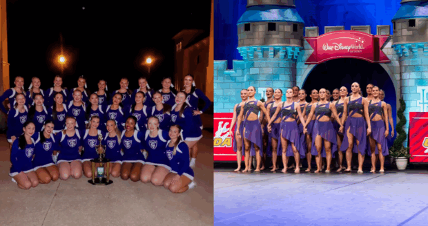 Graphic with two side-by-side group photos with the Tommie Cheer team on the left and the Tommie Dance team on the right.