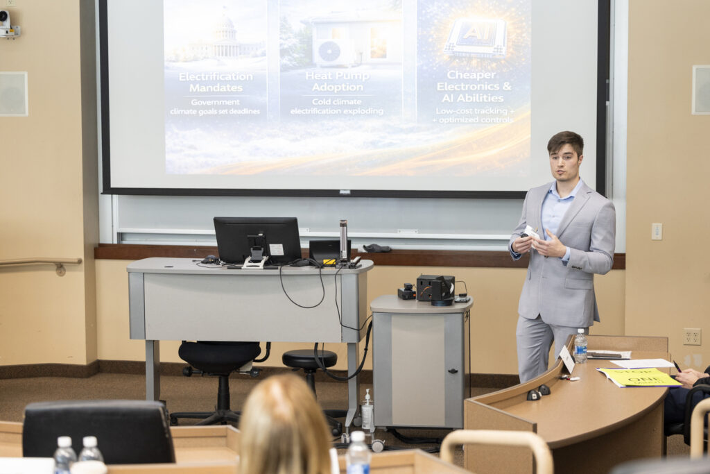 A students presents his business pitch.
