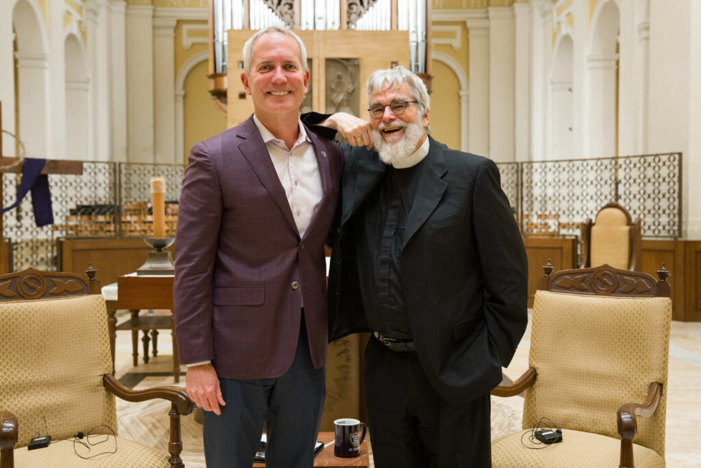 Astronomer Brother Guy Consolmagno stands with President Rob Vischer