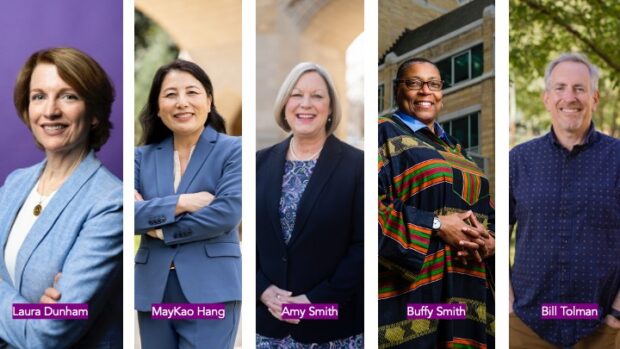 A graphic of St. Thomas deans Laura Dunham, MayKao Hang, Amy Smith, Buffy Smith and Bill Tolman.