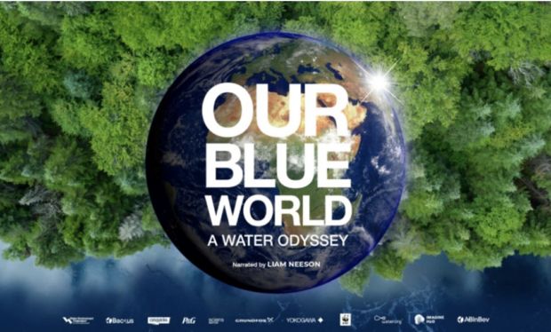 Digital flyer for a campus event screening the documentary Our Blue World: A Water Odyssey.