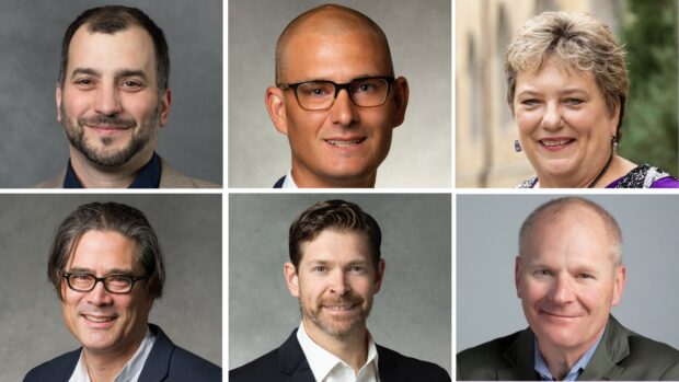 Headshots of University of St. Thomas faculty award recipients �Eric Fort, Caleb Goltz, Karen Lange, Christopher Wong Michaelson, Daniel Pioske and Ron Raymond.