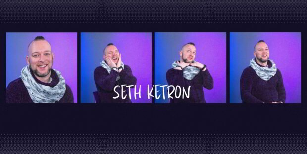 Four photos of Seth Ketron in a studio.