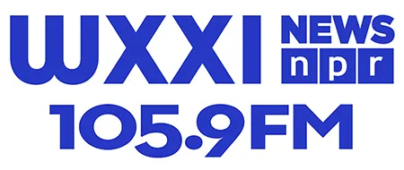 A blue text graphic of WXXI News
