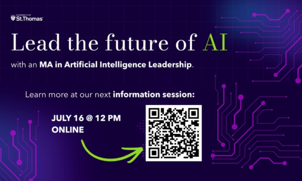 A digital flyer for a MA in AI Leadership information session.