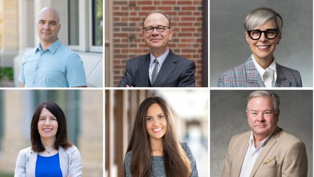 A grid that includes six headshots (from top left to bottom right) John Abraham, John Boyle, April Eichmeier, Rachel Moran, Audra Nuru and Mike Porter.