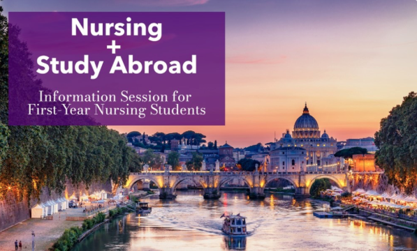 A digital flyer for an informational seminar showing an image of Rome with a scenery of water, buildings and a sunset.