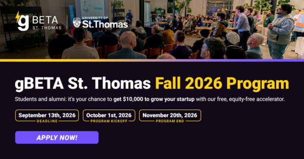A digital flyer for gBeta St. Thomas Fall 2026 Program application.