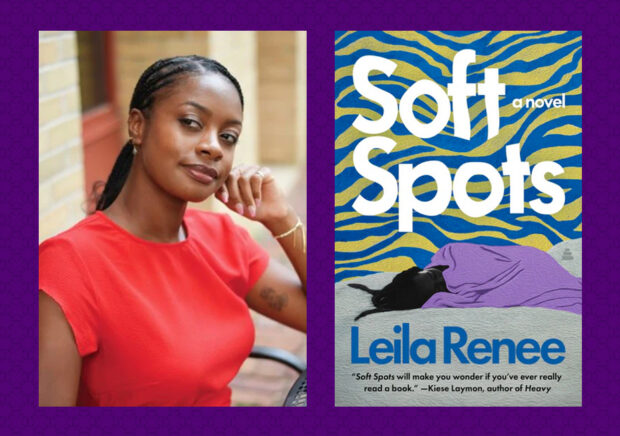 A graphic including two images: a portrait of Leila Renee and the cover artwork for her novel Soft Spots.