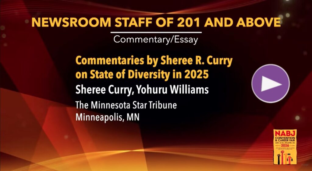 A graphic showing the slide where NABJ honor the category award recipients, Yohuru Williams and Sheree Curry.