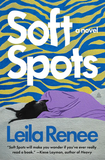 Cover artwork for Leila Renee's novel "Soft Spots" showing a woman sleeping under a purple blanket and above it has an abstract yellow and blue tiger stripped design with the novels title in white letters.