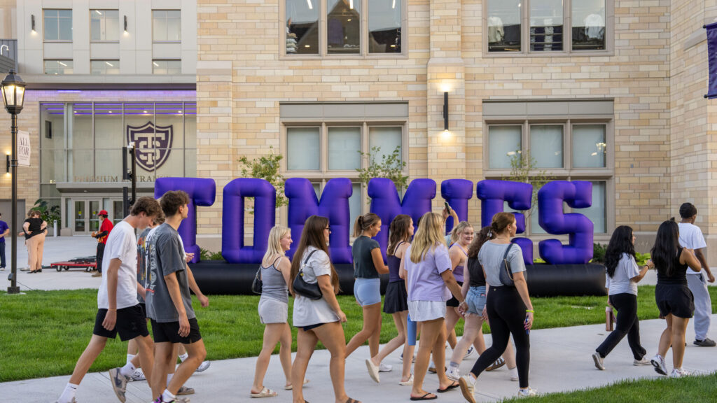 Students walking through campus.