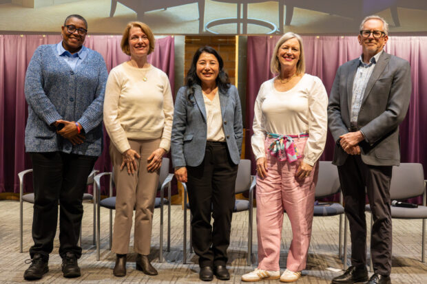 Five deans line up for a photo: Buffy Smith, Laura Dunham, MayKao Hang, Amy Smith and Bill Tolman.