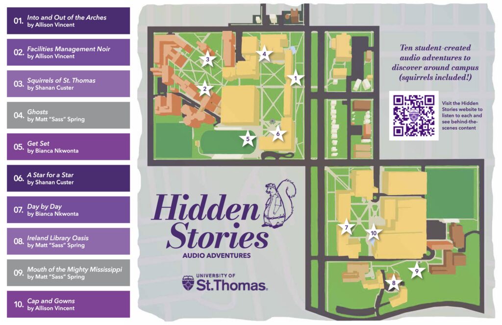 A colorful illustrated map showing the locations of the Hidden Stories audio plays.