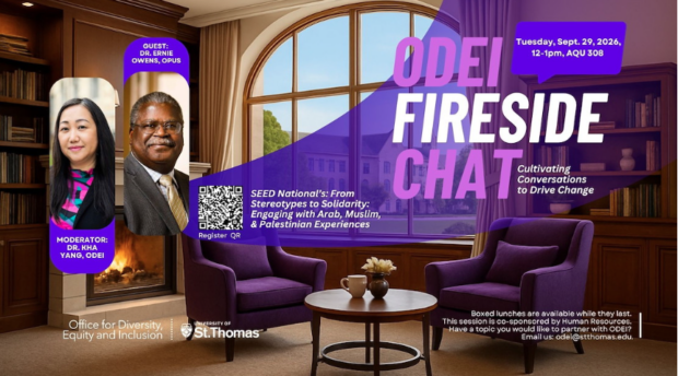 A graphic promoting an ODEI Fireside Chat featuring Dr. Ernie Owens and Dr. Kha Yang.