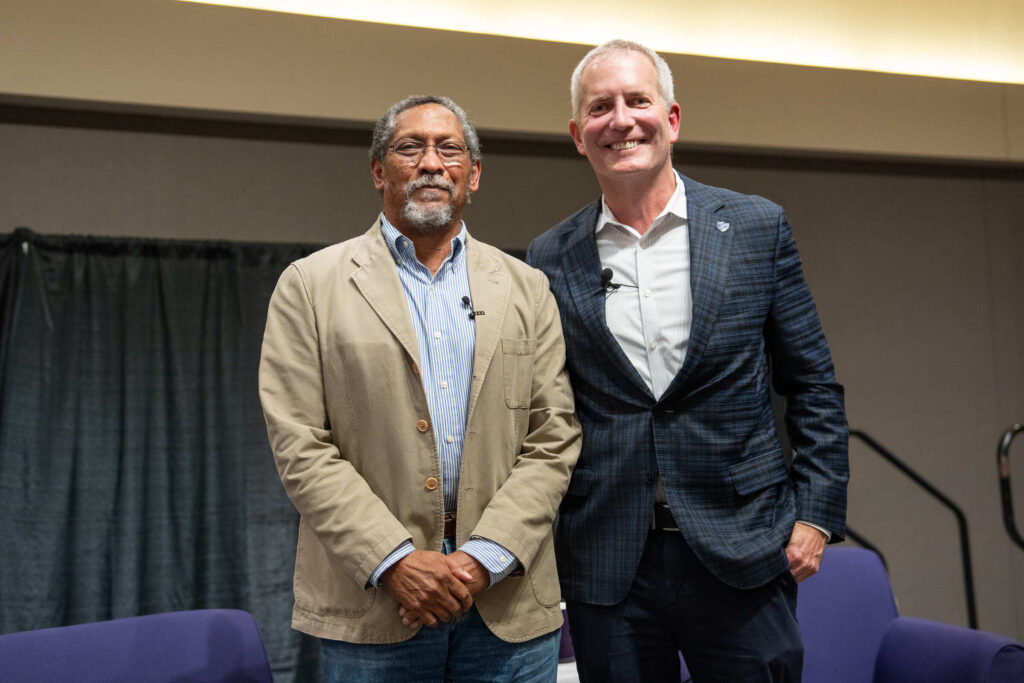 Percival Everett and President Rob Vischer standing side by side for a photo.