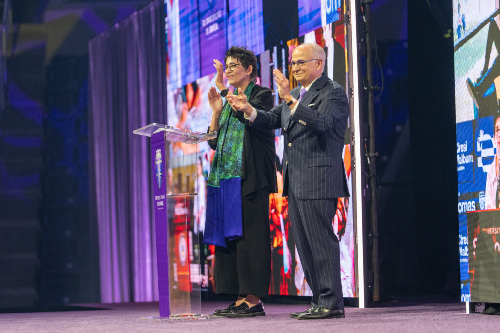Roberta Walburn and Michael V. Ciresi announcing their history-making gift to St. Thomas on Sept. 16, 2026.