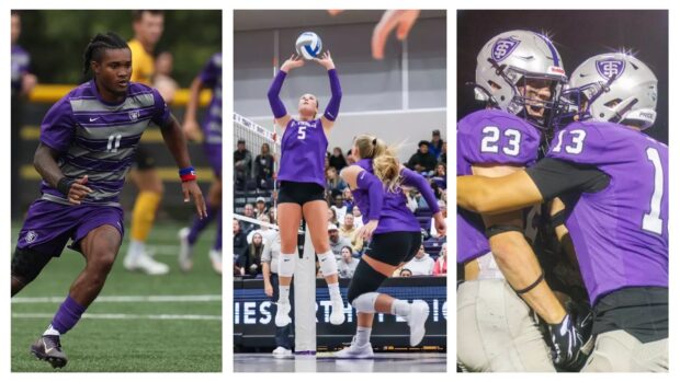 A graphic that shows a collage of Tommie Athletics images one featuring each of these sports: soccer, volleyball and football.