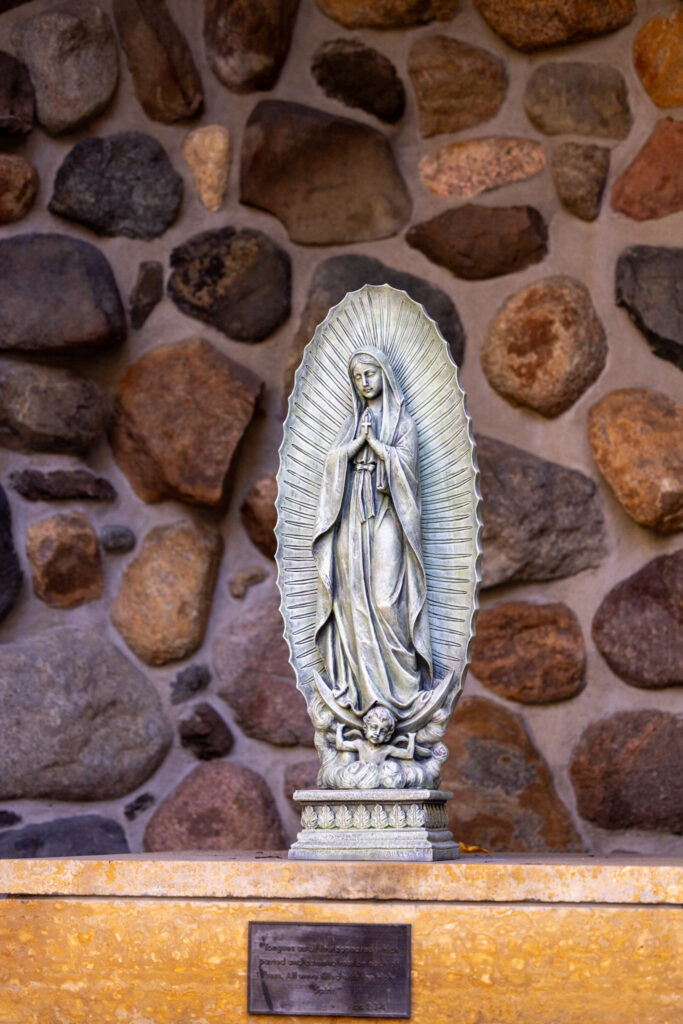 The statue of Our Lady of Guadalupe in the Grotto.